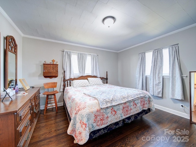 bedroom with crown molding and dark hardwood / wood-style floors