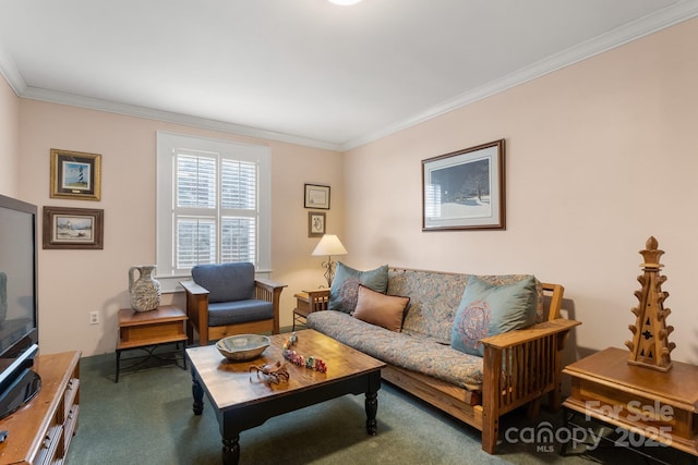 living room featuring ornamental molding and carpet floors