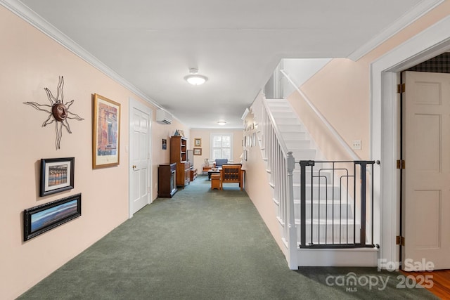 hallway with crown molding, an AC wall unit, and carpet