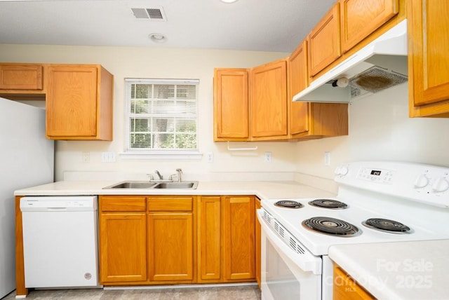1748 Pergola Pl, Charlotte, NC 28213 - kitchen featuring visible vents, a sink, light countertops, under cabinet range hood, and white appliances