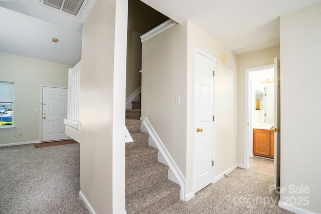 1748 Pergola Pl, Charlotte, NC 28213 - staircase featuring visible vents, carpet, and baseboards
