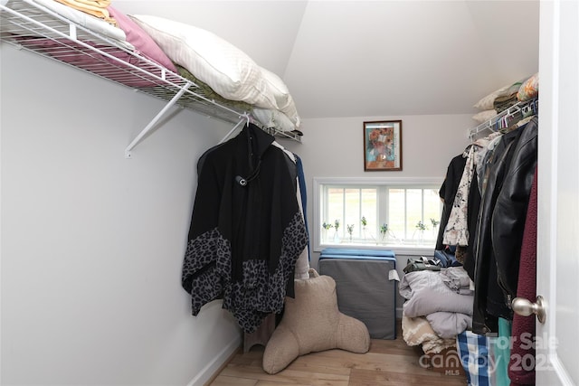 walk in closet featuring wood-type flooring and vaulted ceiling