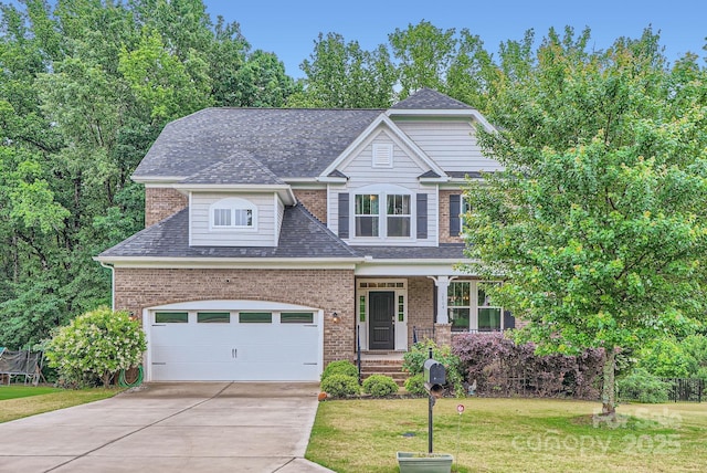 2864 Park Ridge Blvd, Rock Hill, SC 29732 - view of front of house featuring brick siding, a front lawn, concrete driveway, roof with shingles, and a porch