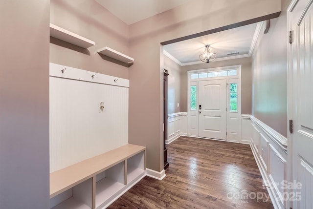 2864 Park Ridge Blvd, Rock Hill, SC 29732 - mudroom with a decorative wall, dark wood-style flooring, crown molding, and wainscoting