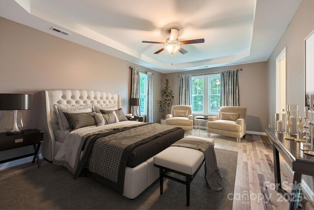 2864 Park Ridge Blvd, Rock Hill, SC 29732 - bedroom with a raised ceiling, light wood-style flooring, and ceiling fan