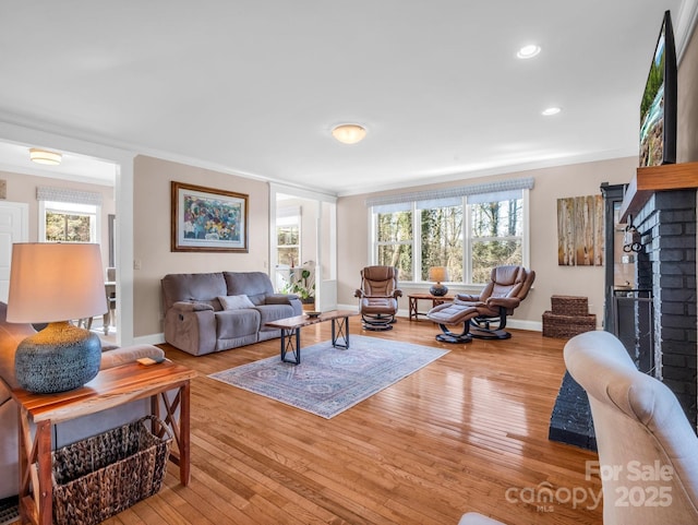 living room with crown molding and light wood-type flooring