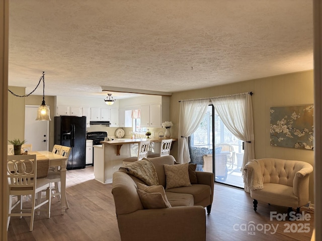 living room with a textured ceiling and light hardwood / wood-style floors