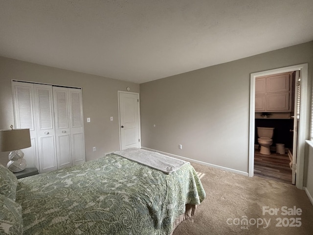 carpeted bedroom with ensuite bath and a closet