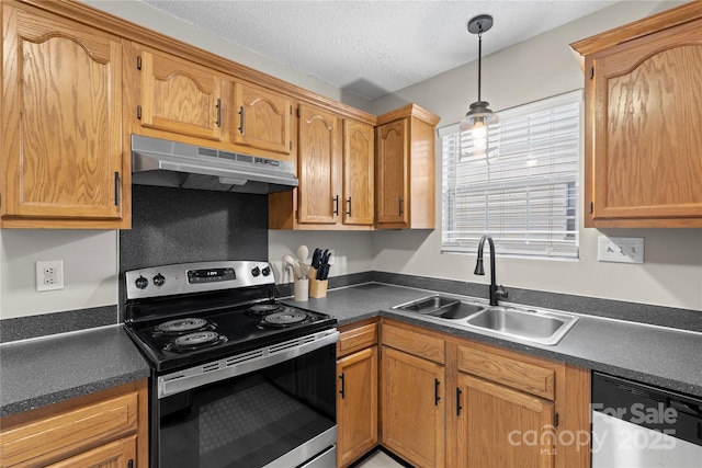 kitchen with stainless steel electric range oven, decorative light fixtures, black dishwasher, sink, and a textured ceiling