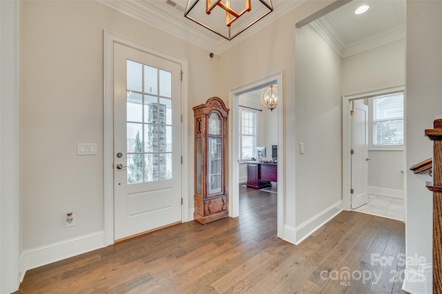 entrance foyer with hardwood / wood-style flooring, crown molding, and plenty of natural light