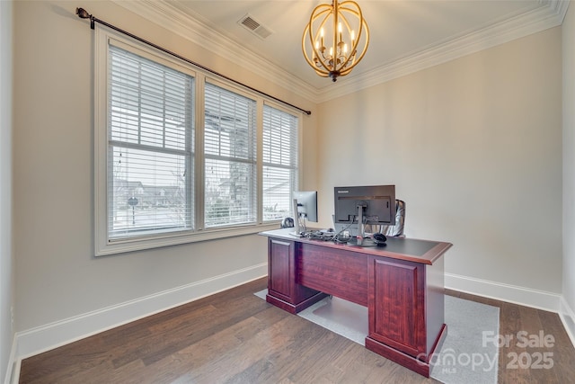 office area featuring hardwood / wood-style flooring, crown molding, and a notable chandelier