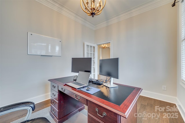 office area with ornamental molding, a chandelier, and wood-type flooring