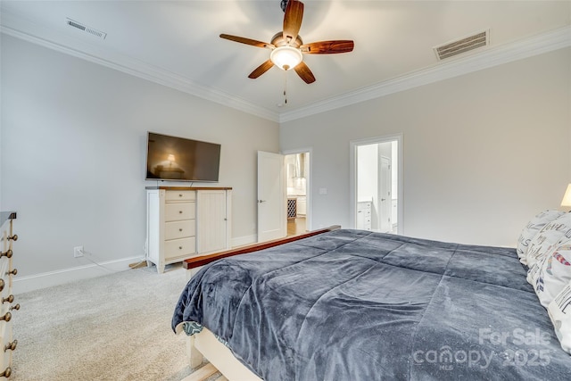 bedroom featuring ceiling fan, ornamental molding, and carpet flooring