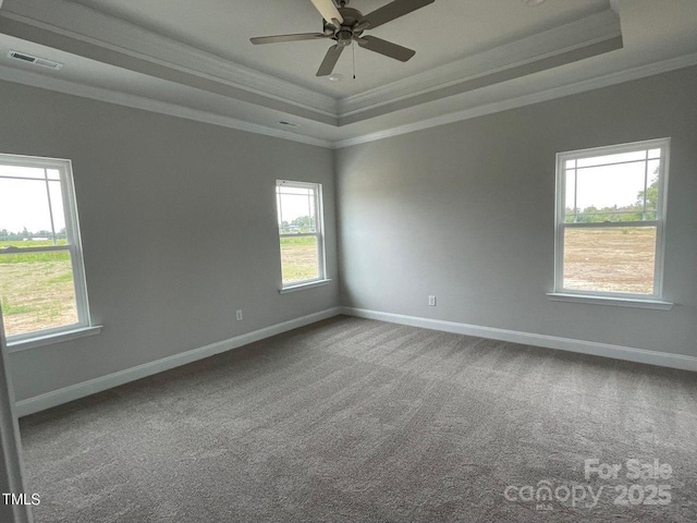 carpeted empty room with a tray ceiling, ornamental molding, and ceiling fan