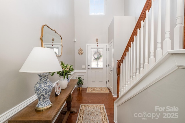 foyer entrance with a high ceiling and dark wood-type flooring