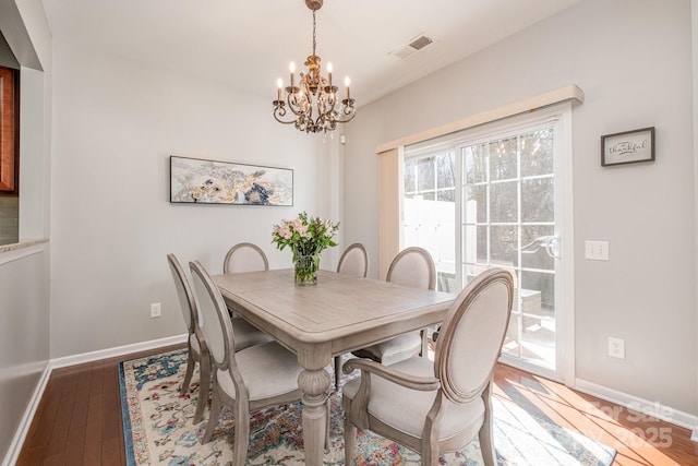 dining area featuring hardwood / wood-style flooring and a notable chandelier