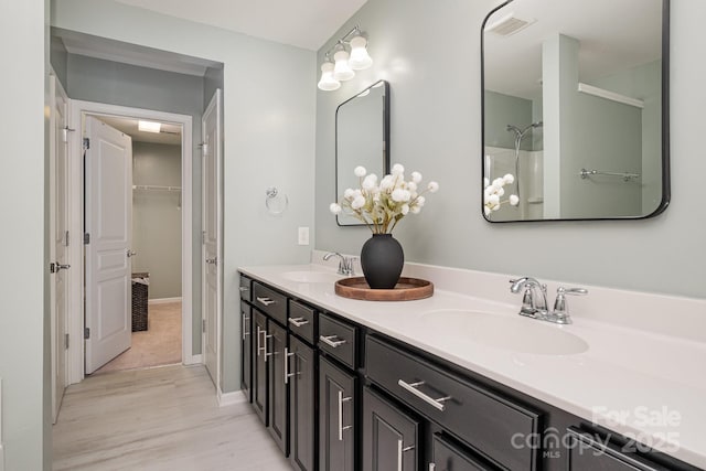 bathroom with vanity and hardwood / wood-style floors