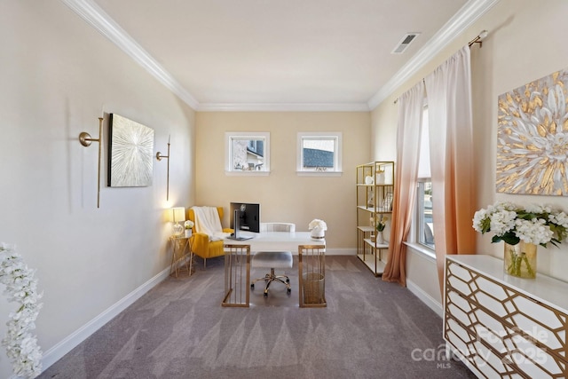 carpeted home office featuring ornamental molding