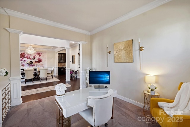 office with decorative columns and crown molding