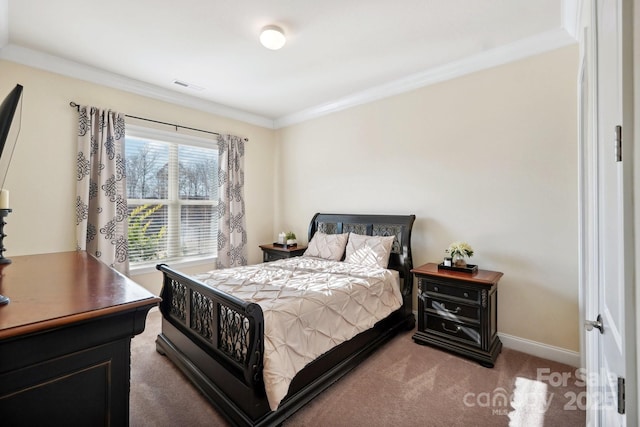 carpeted bedroom with crown molding