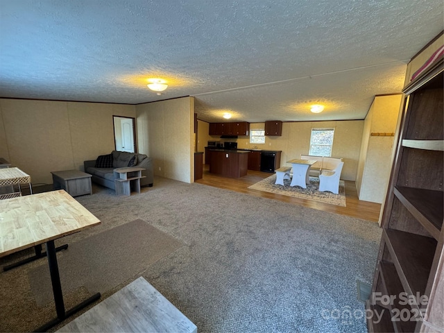 carpeted living room featuring a textured ceiling