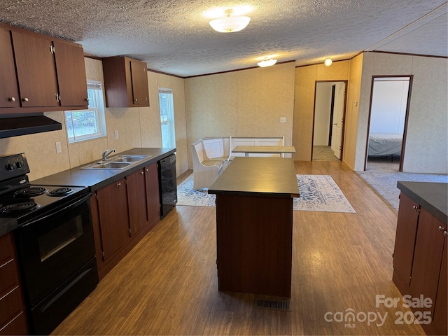 kitchen with sink, ventilation hood, a center island, light wood-type flooring, and black appliances