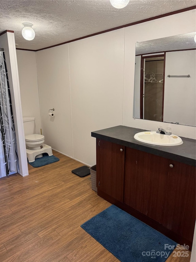 bathroom with vanity, hardwood / wood-style flooring, a textured ceiling, and toilet