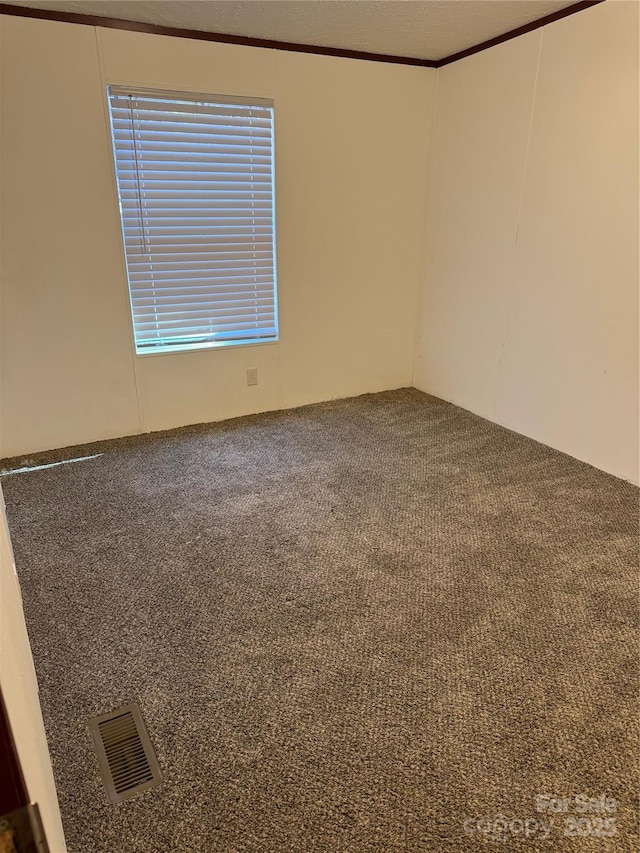 empty room with crown molding and carpet flooring