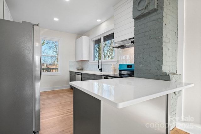 kitchen featuring sink, white cabinets, decorative backsplash, kitchen peninsula, and stainless steel appliances