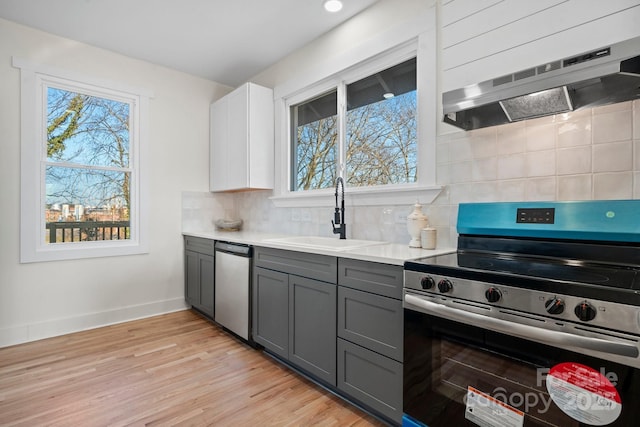 kitchen with sink, gray cabinetry, tasteful backsplash, stainless steel appliances, and white cabinets