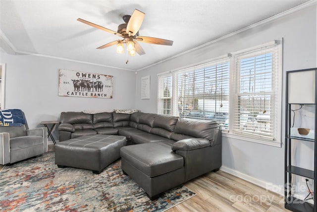 living room featuring baseboards, ceiling fan, light wood-style flooring, and crown molding