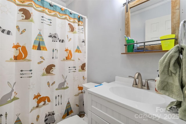 bathroom featuring vanity, toilet, and a shower with shower curtain