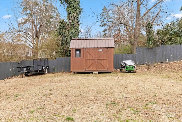 view of shed with a fenced backyard