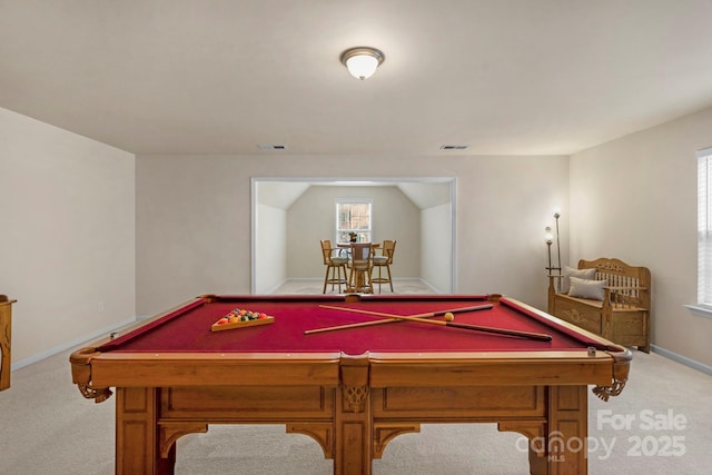 game room with lofted ceiling, light carpet, and pool table