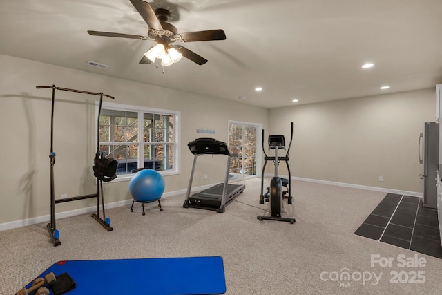 exercise room featuring ceiling fan, plenty of natural light, and carpet floors