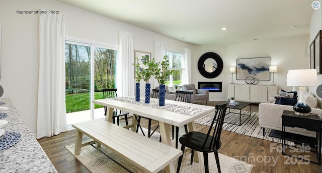 dining area with radiator heating unit and dark wood-type flooring