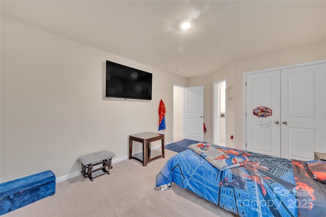 bedroom with carpet flooring and a closet