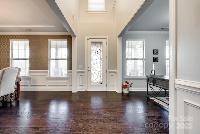 foyer with crown molding, dark hardwood / wood-style floors, and a healthy amount of sunlight