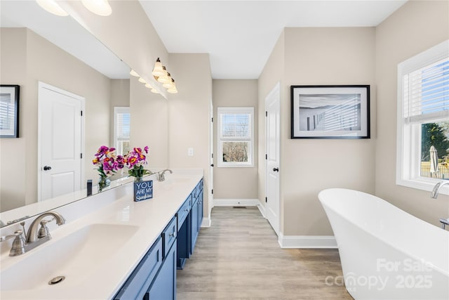 bathroom featuring vanity, a healthy amount of sunlight, hardwood / wood-style floors, and a bathtub