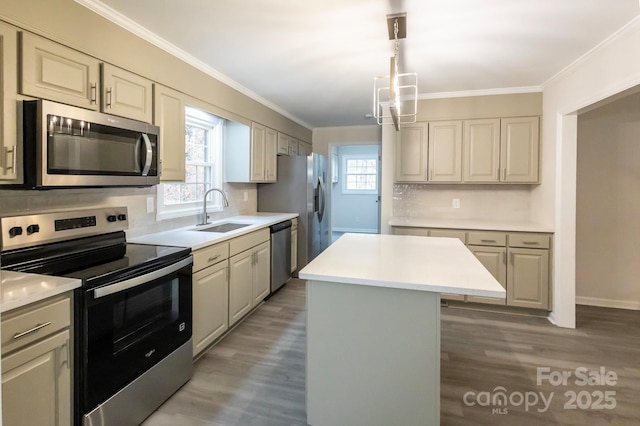 kitchen featuring dark wood-type flooring, sink, crown molding, a center island, and appliances with stainless steel finishes