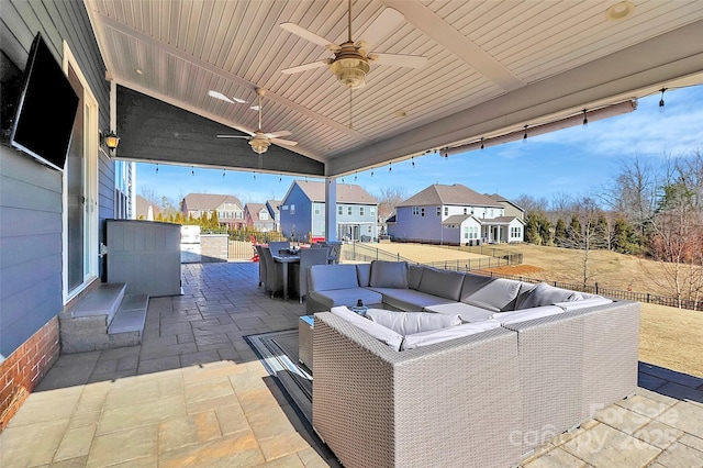 view of patio featuring ceiling fan and an outdoor hangout area