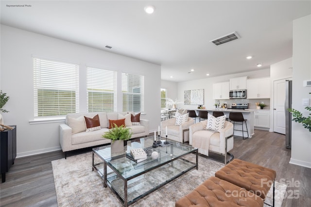 living room featuring dark wood-type flooring