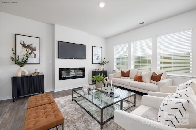 living room with dark hardwood / wood-style floors