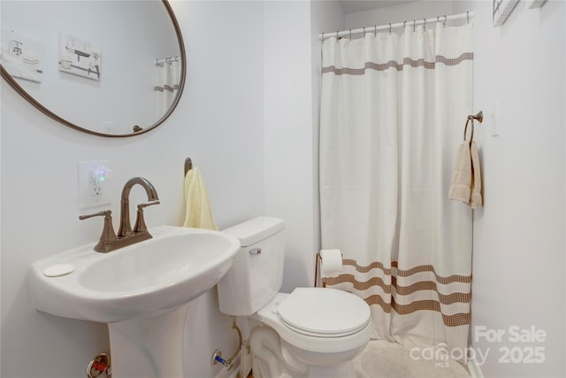 full bath with toilet, a sink, and a shower with shower curtain