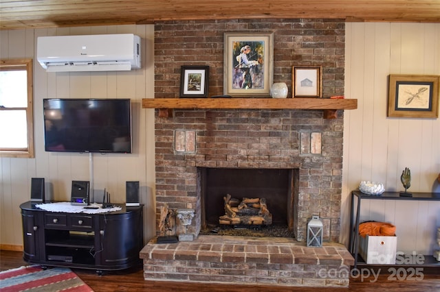 77 Nash Trl, Bryson City, NC 28713 - living room with dark hardwood / wood-style flooring, wood ceiling, a fireplace, and a wall unit AC