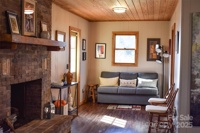 77 Nash Trl, Bryson City, NC 28713 - living room with dark wood-type flooring, a fireplace, and wooden ceiling
