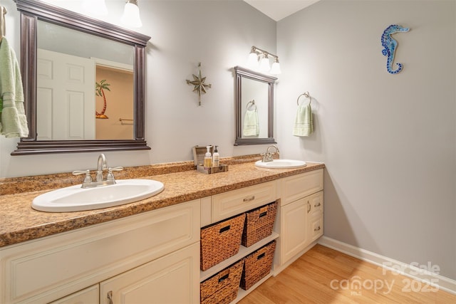 bathroom with wood-type flooring and vanity