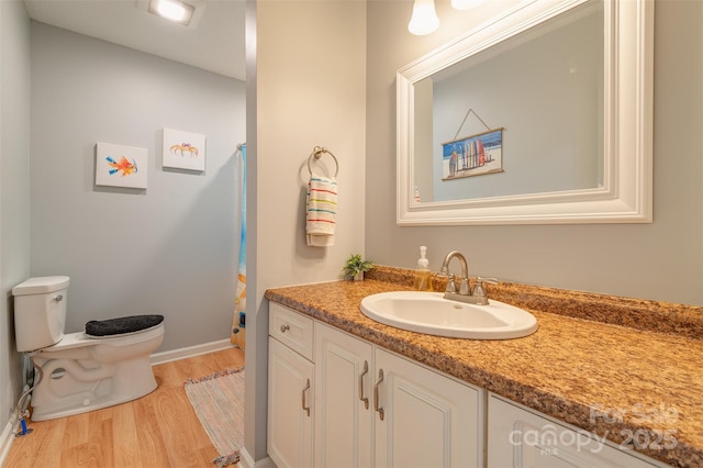 bathroom with vanity, toilet, and wood-type flooring