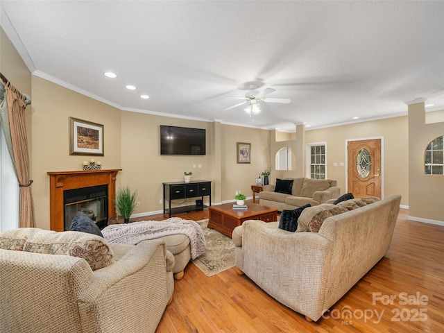 living room featuring ornamental molding, a textured ceiling, and light wood-type flooring