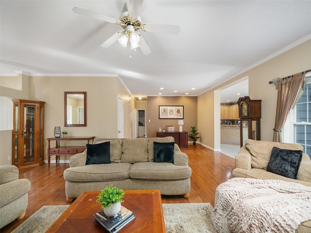 living room with crown molding, ceiling fan, and light hardwood / wood-style flooring